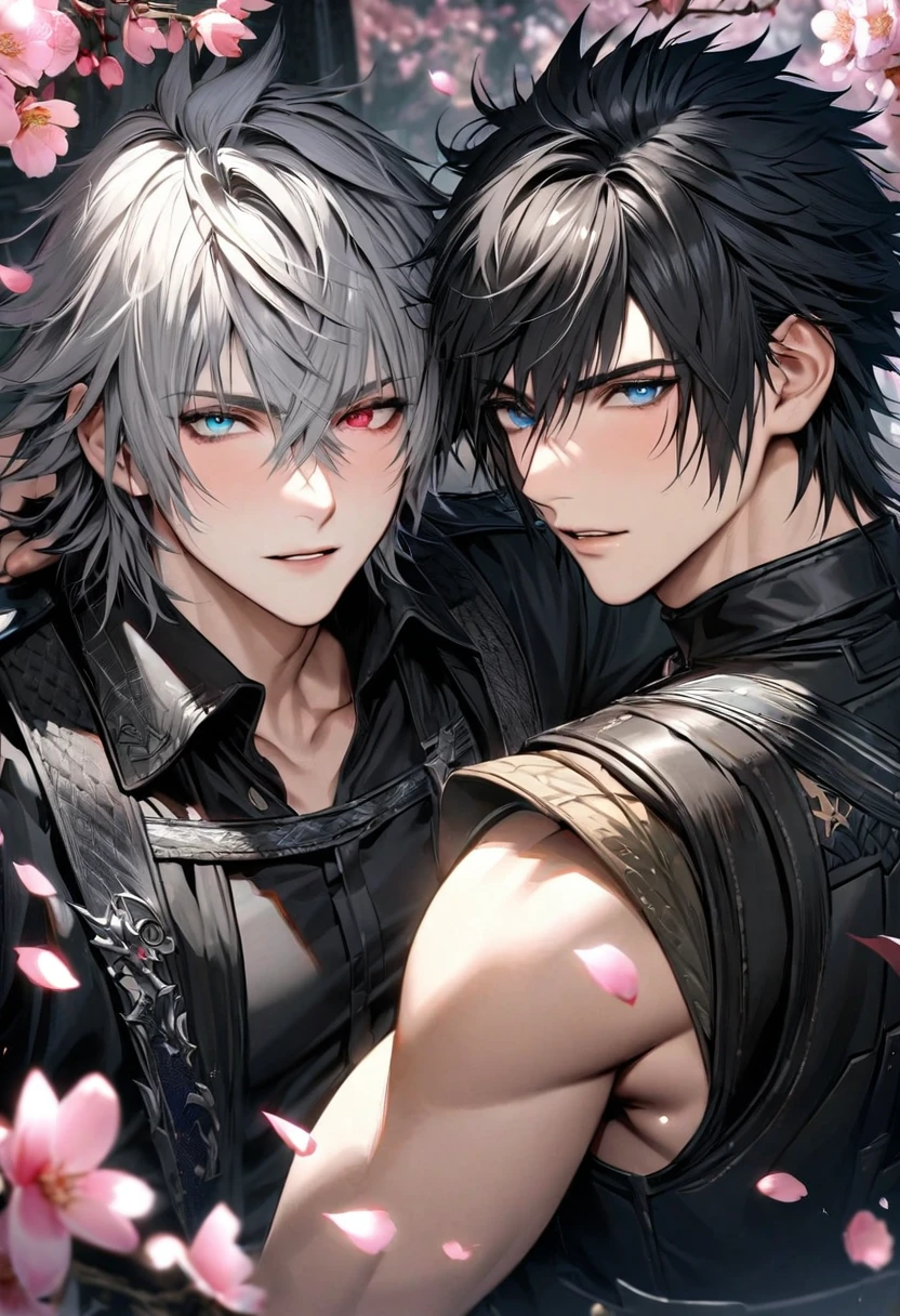 absurdres, highres, ultra detailed, HDR, masterpiece, Riku, spiky grey hair, heterochromia, left eye red, right eye blue, Final Fantasy xv, Noctis Lucis Caelum, black hair, expressive blue eyes, 2men together, gay couple, handsome, black and white fantasy clothes, blossoms, pink petals, pink flowers