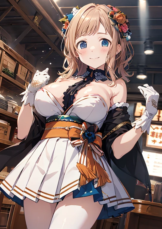 sakuragi hand (Idol Master), (highest quality, 8k, masterpiece, Very detailed:1.2), (Lens flare, Particles of light, Shine), Big Breasts, smile, Open your mouth, masterpiece, highest quality, Very detailed, High resolution, Very detailedなCG, masterpiece, highest quality, Very detailed, High resolution, Very detailedなCG, Official Art, White idol costume, White pleated skirt,Off the shoulder,((nsfw))