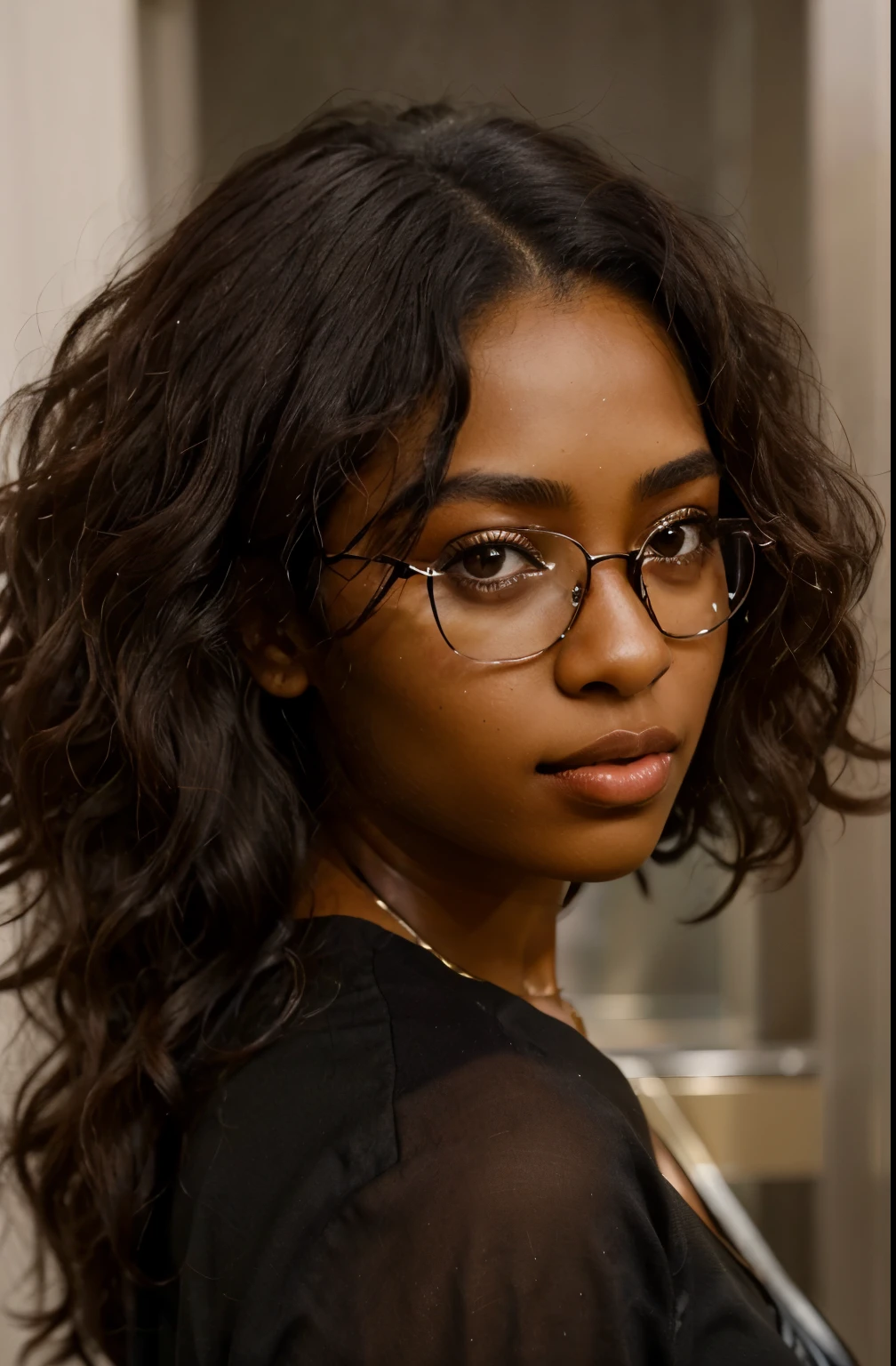 there is a woman with a black top posing for a picture, young black woman with thick glasses, black young woman, sexy girl with dark complexion, photo of a beautiful woman, with textured hair and skin, photo of a black woman, dark black skin tone, brown skin. light makeup, with brown skin, portrait of a beautiful model, she has olive brown skin, thick glasses dark brown skin,