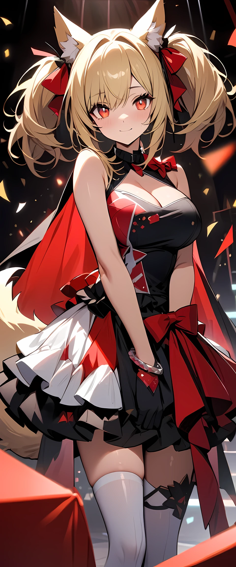 (masterpiece), best quality, expressive eyes, perfect face,1girl,sora_\(arknights\),wolf ears,wolf tail,(black and red idol dress:1.4),frilled layered skirt,dark red cape,(big breasts),white thighhigh heels,stage,confetti,medium hair,blonde hair,twintails,cleavage,looking at viewer,light smile,bracelets, gloves, eyeshadows, eye liner,glistening eyes, hyper detailed eyes, intricate eyes, beautiful eye, red eyes,standing,head tilt,full-body shot