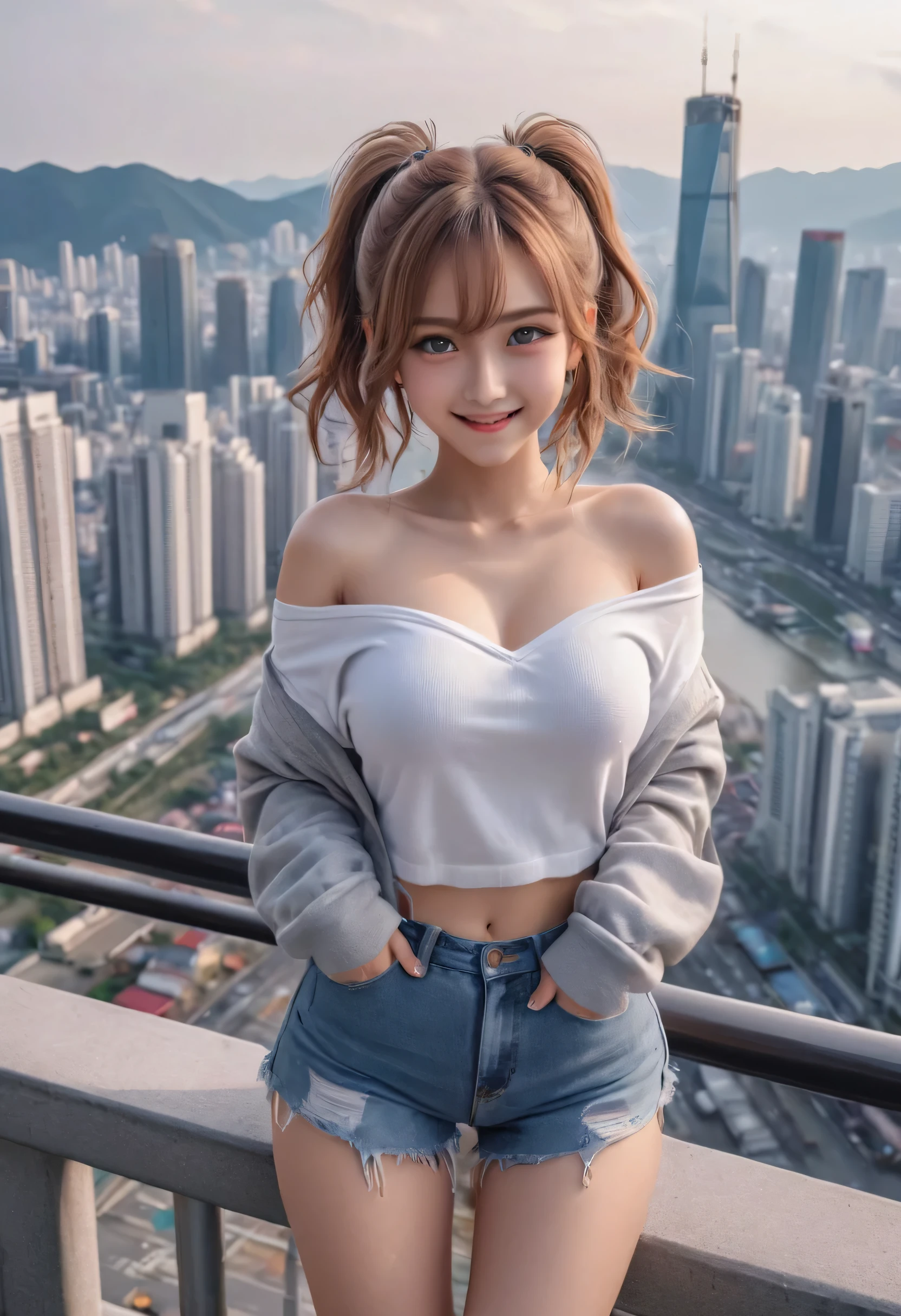 masterpiece、Mastepiece、girl、Random hairstyle、clear eyes、look at the viewer with a smile、Perfect proportions、full body shot、random clothes、Sexy pose、The background is the cityscape