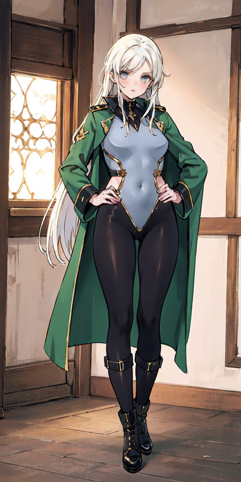 A woman with long platinum blonde hair, choppy bangs, arched crescent eyebrows, sharp and determined eyes, a delicate oval face, a serious expression, a fantasy-style dark green military coat, draped with a dark red cloak, military trousers, leather combat boots, silver greaves leggings, one hand on her hip, standing in a spacious training ground, this character embodies a finely crafted fantasy-style female military officer in anime style, exquisite and mature manga art style, pale skin, high definition, best quality, highres, ultra-detailed, ultra-fine painting, extremely delicate, professional, perfect body proportions, golden ratio, anatomically correct, symmetrical face, extremely detailed eyes and face, high quality eyes, creativity, RAW photo, UHD, 32k, Natural light, cinematic lighting, masterpiece-anatomy-perfect, masterpiece:1.5