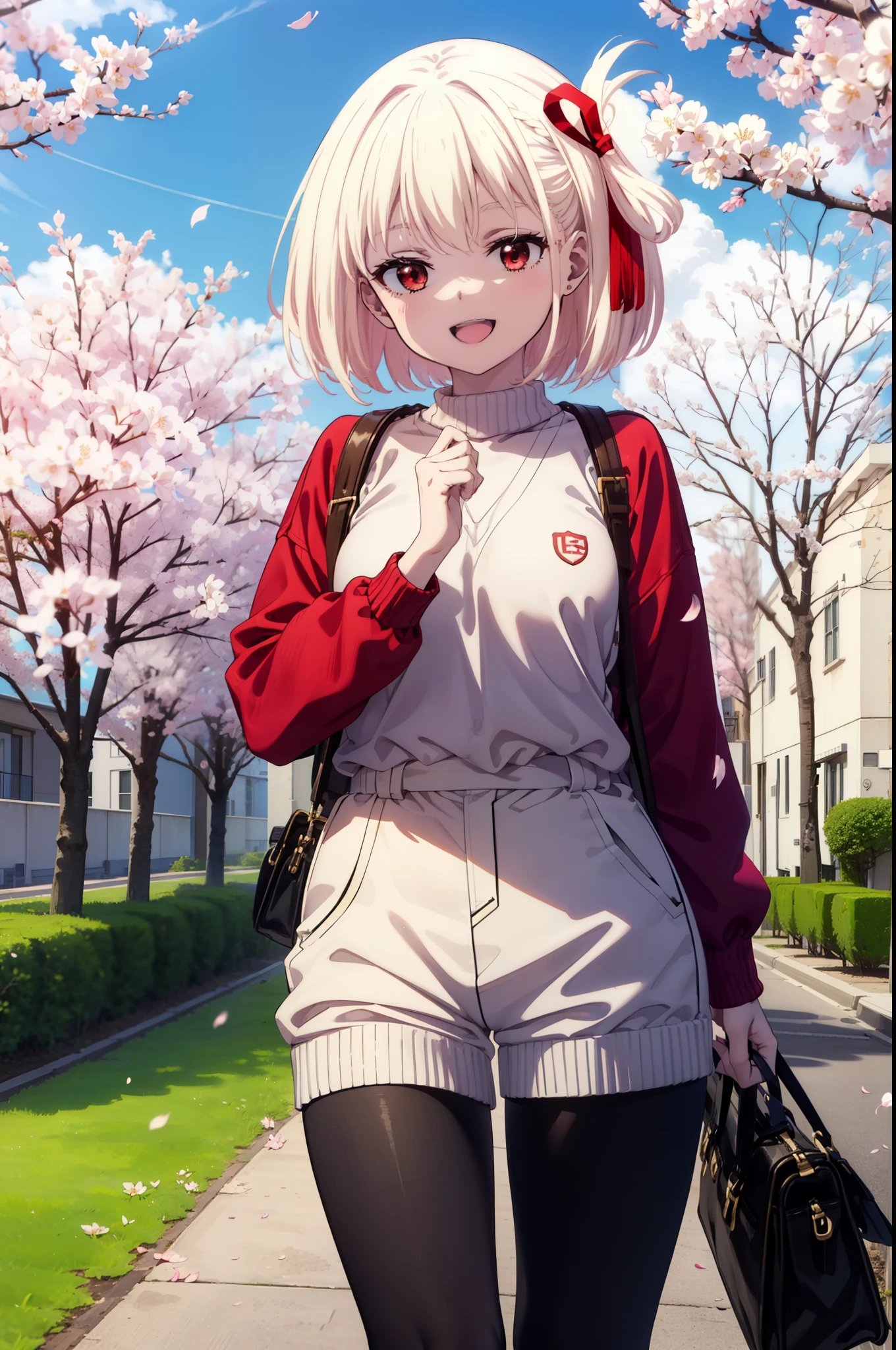 chisatonishikigi, Chisato Nishikigi, Long Hair, bangs, Blonde, (Red eyes:1.5), hair ribbon, One side up, short braided hair,happy smile, smile, Open your mouth,Red oversized sweater,Shorts,Black pantyhose,Mini Boots,Cherry blossoms are blooming,Cherry blossoms are scattered,Cherry blossom tree-lined path,
break outdoors, University School building,
break looking at viewer, (Cowboy Shot:1.5),
break (masterpiece:1.2), highest quality, High resolution, unity 8k wallpaper, (figure:0.8), (Beautiful fine details:1.6), Highly detailed face, Perfect lighting, Highly detailed CG, (Perfect hands, Perfect Anatomy),