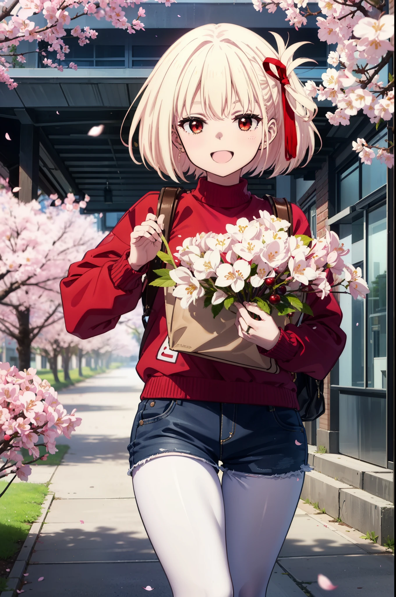 chisatonishikigi, Chisato Nishikigi, Long Hair, bangs, Blonde, (Red eyes:1.5), hair ribbon, One side up, short braided hair,happy smile, smile, Open your mouth,Red oversized sweater,Shorts,Black pantyhose,Mini Boots,Cherry blossoms are blooming,Cherry blossoms are scattered,Cherry blossom tree-lined path,
break outdoors, University School building,
break looking at viewer, (Cowboy Shot:1.5),
break (masterpiece:1.2), highest quality, High resolution, unity 8k wallpaper, (figure:0.8), (Beautiful fine details:1.6), Highly detailed face, Perfect lighting, Highly detailed CG, (Perfect hands, Perfect Anatomy),