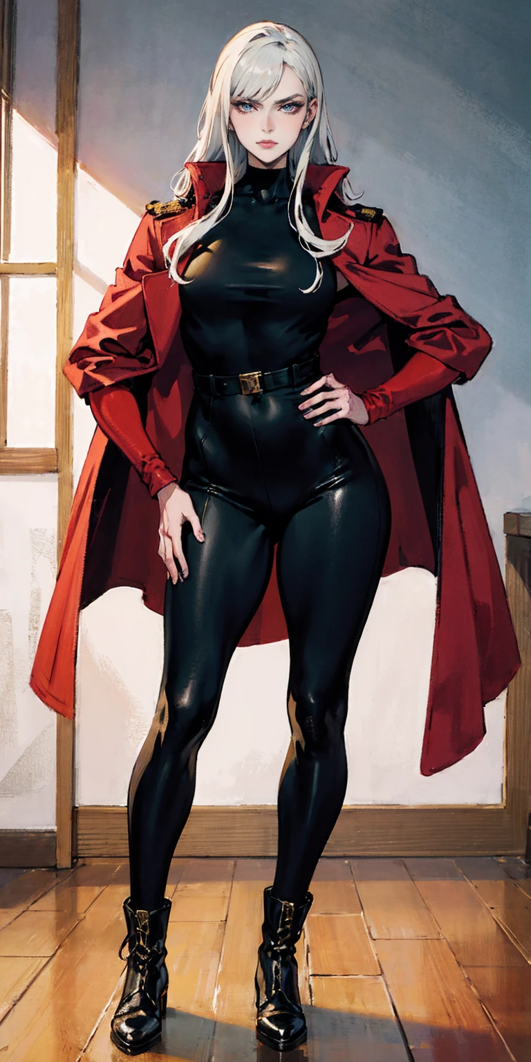 A woman with long platinum blonde hair, choppy bangs, arched crescent eyebrows, sharp and determined eyes, a delicate oval face, a serious expression, a fantasy-style dark green military coat, draped with a dark red cloak, military trousers, leather combat boots, silver greaves leggings, one hand on her hip, standing in a spacious training ground, this character embodies a finely crafted fantasy-style female military officer in anime style, exquisite and mature manga art style, pale skin, high definition, best quality, highres, ultra-detailed, ultra-fine painting, extremely delicate, professional, perfect body proportions, golden ratio, anatomically correct, symmetrical face, extremely detailed eyes and face, high quality eyes, creativity, RAW photo, UHD, 32k, Natural light, cinematic lighting, masterpiece-anatomy-perfect, masterpiece:1.5