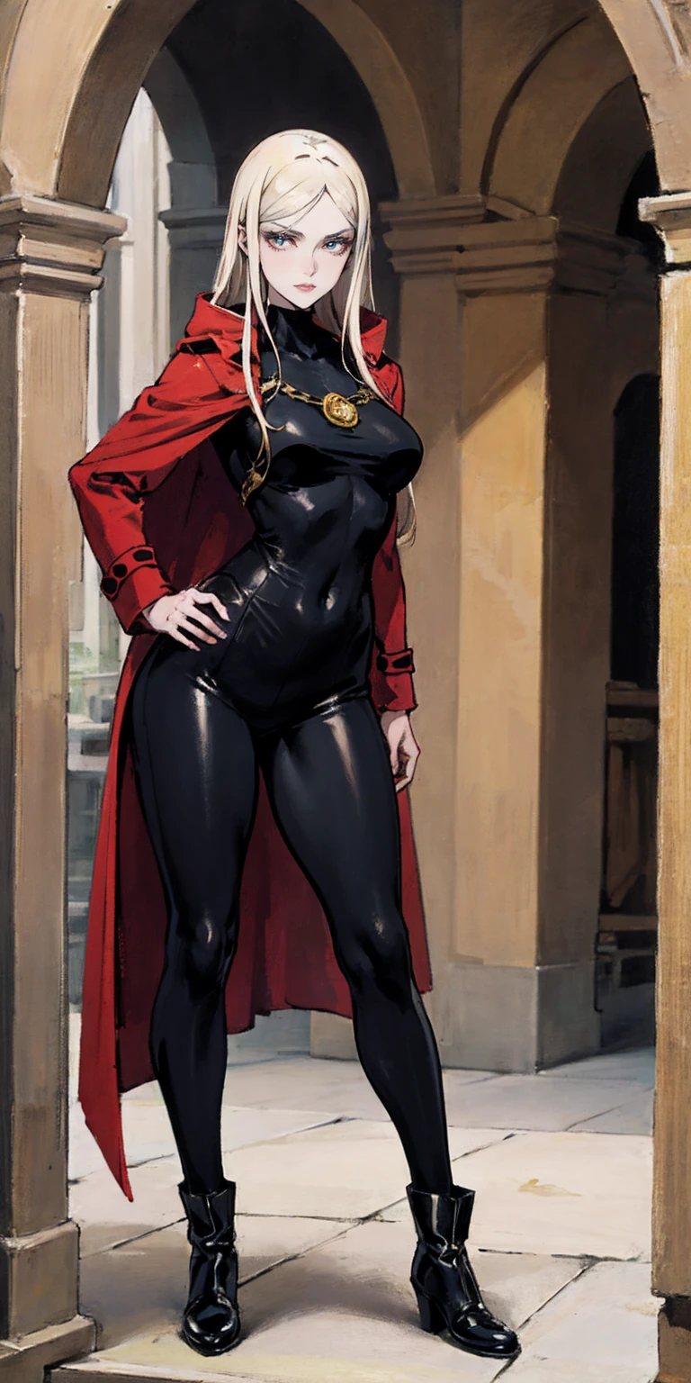 A woman with long platinum blonde hair, choppy bangs, arched crescent eyebrows, sharp and determined eyes, a delicate oval face, a serious expression, a fantasy-style dark green military coat, draped with a dark red cloak, military trousers, leather combat boots, silver greaves leggings, one hand on her hip, standing in a spacious training ground, this character embodies a finely crafted fantasy-style female military officer in anime style, exquisite and mature manga art style, pale skin, high definition, best quality, highres, ultra-detailed, ultra-fine painting, extremely delicate, professional, perfect body proportions, golden ratio, anatomically correct, symmetrical face, extremely detailed eyes and face, high quality eyes, creativity, RAW photo, UHD, 32k, Natural light, cinematic lighting, masterpiece-anatomy-perfect, masterpiece:1.5