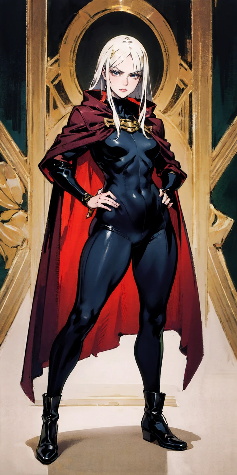 A woman with long platinum blonde hair, choppy bangs, arched crescent eyebrows, sharp and determined eyes, a delicate oval face, a serious expression, a fantasy-style dark green military coat, draped with a dark red cloak, military trousers, leather combat boots, silver greaves leggings, one hand on her hip, standing in a spacious training ground, this character embodies a finely crafted fantasy-style female military officer in anime style, exquisite and mature manga art style, pale skin, high definition, best quality, highres, ultra-detailed, ultra-fine painting, extremely delicate, professional, perfect body proportions, golden ratio, anatomically correct, symmetrical face, extremely detailed eyes and face, high quality eyes, creativity, RAW photo, UHD, 32k, Natural light, cinematic lighting, masterpiece-anatomy-perfect, masterpiece:1.5