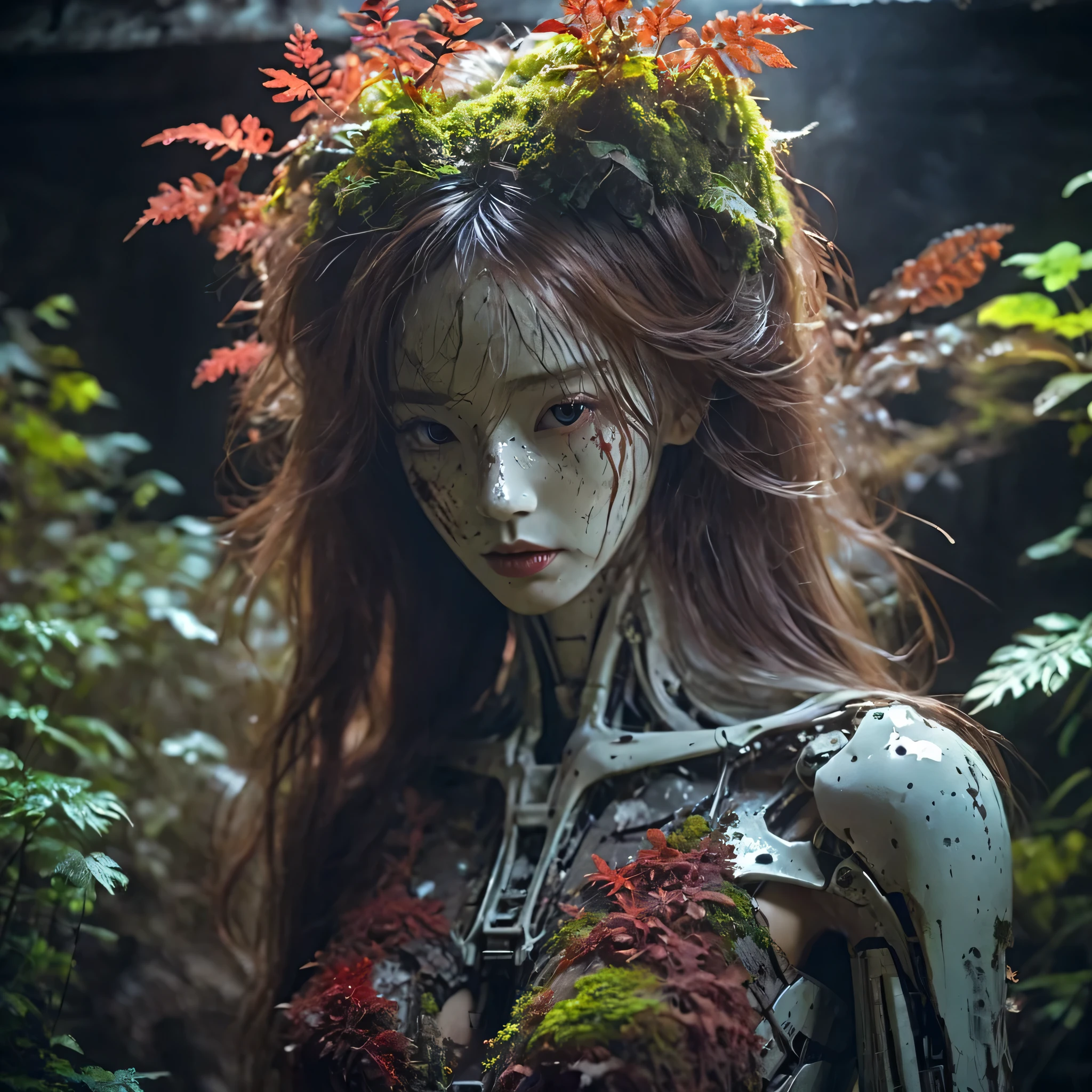 a broken feminine humanoid robot,At night, a light shone on her,kneeling down, dented, scratched, flaking peeling paint, in a abandoned interior room, mossy and fungus, once pretty,An artistic photograph,full body,(Remote shooting:1.4),closeup 50mm f/1.3,bailong plant girl, girl made of dead plants,a girl made of red plants,forest,plant,antlers