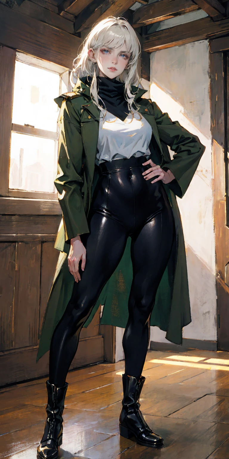 A woman with long platinum blonde hair, choppy bangs, arched crescent eyebrows, sharp and determined eyes, a delicate oval face, a serious expression, a fantasy-style dark green military coat, draped with a dark red cloak, military trousers, leather combat boots, silver greaves leggings, one hand on her hip, standing in a spacious training ground, this character embodies a finely crafted fantasy-style female military officer in anime style, exquisite and mature manga art style, pale skin, high definition, best quality, highres, ultra-detailed, ultra-fine painting, extremely delicate, professional, perfect body proportions, golden ratio, anatomically correct, symmetrical face, extremely detailed eyes and face, high quality eyes, creativity, RAW photo, UHD, 32k, Natural light, cinematic lighting, masterpiece-anatomy-perfect, masterpiece:1.5