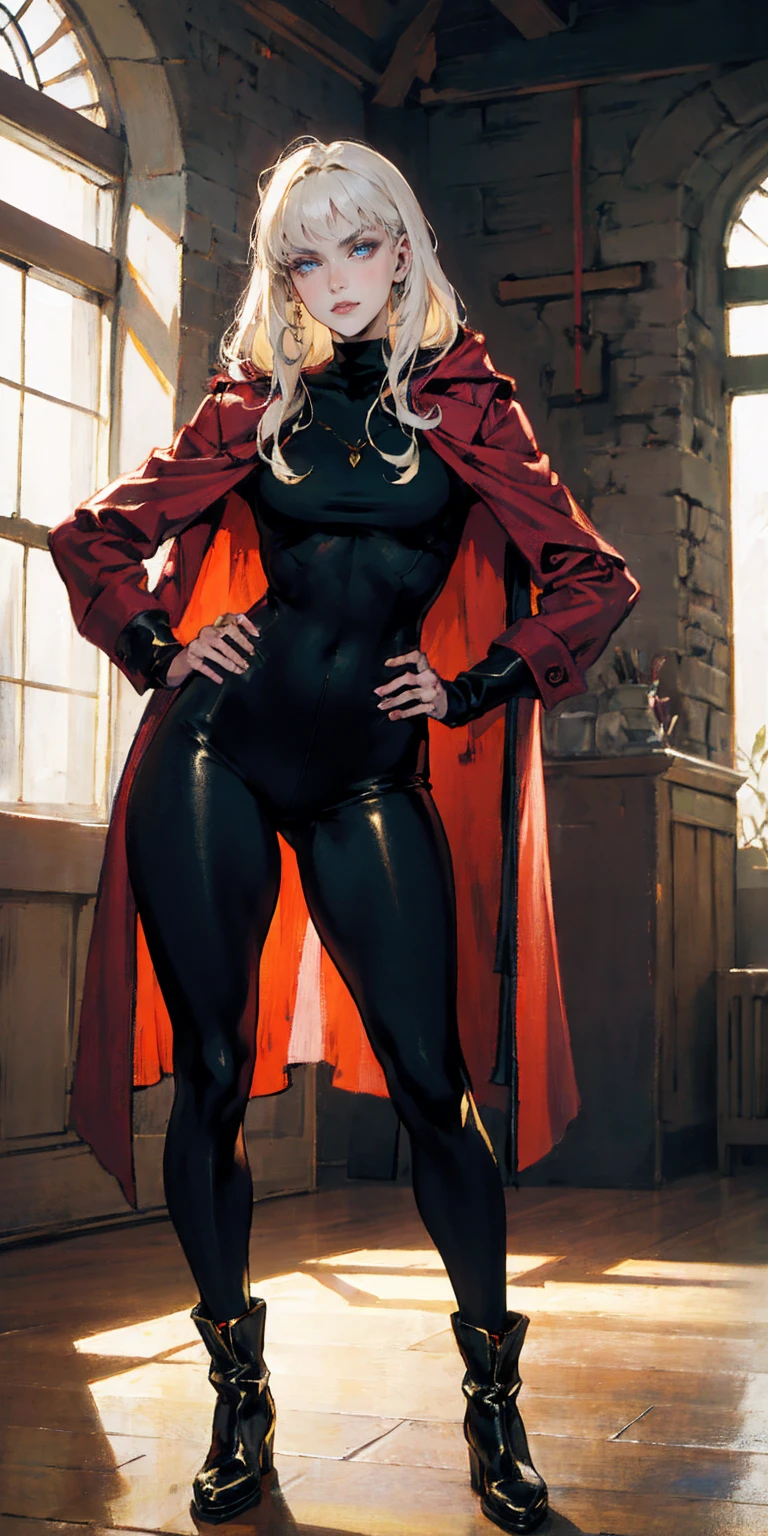 A woman with long platinum blonde hair, choppy bangs, arched crescent eyebrows, sharp and determined eyes, a delicate oval face, a serious expression, a fantasy-style dark green military coat, draped with a dark red cloak, military trousers, leather combat boots, silver greaves leggings, one hand on her hip, standing in a spacious training ground, this character embodies a finely crafted fantasy-style female military officer in anime style, exquisite and mature manga art style, pale skin, high definition, best quality, highres, ultra-detailed, ultra-fine painting, extremely delicate, professional, perfect body proportions, golden ratio, anatomically correct, symmetrical face, extremely detailed eyes and face, high quality eyes, creativity, RAW photo, UHD, 32k, Natural light, cinematic lighting, masterpiece-anatomy-perfect, masterpiece:1.5