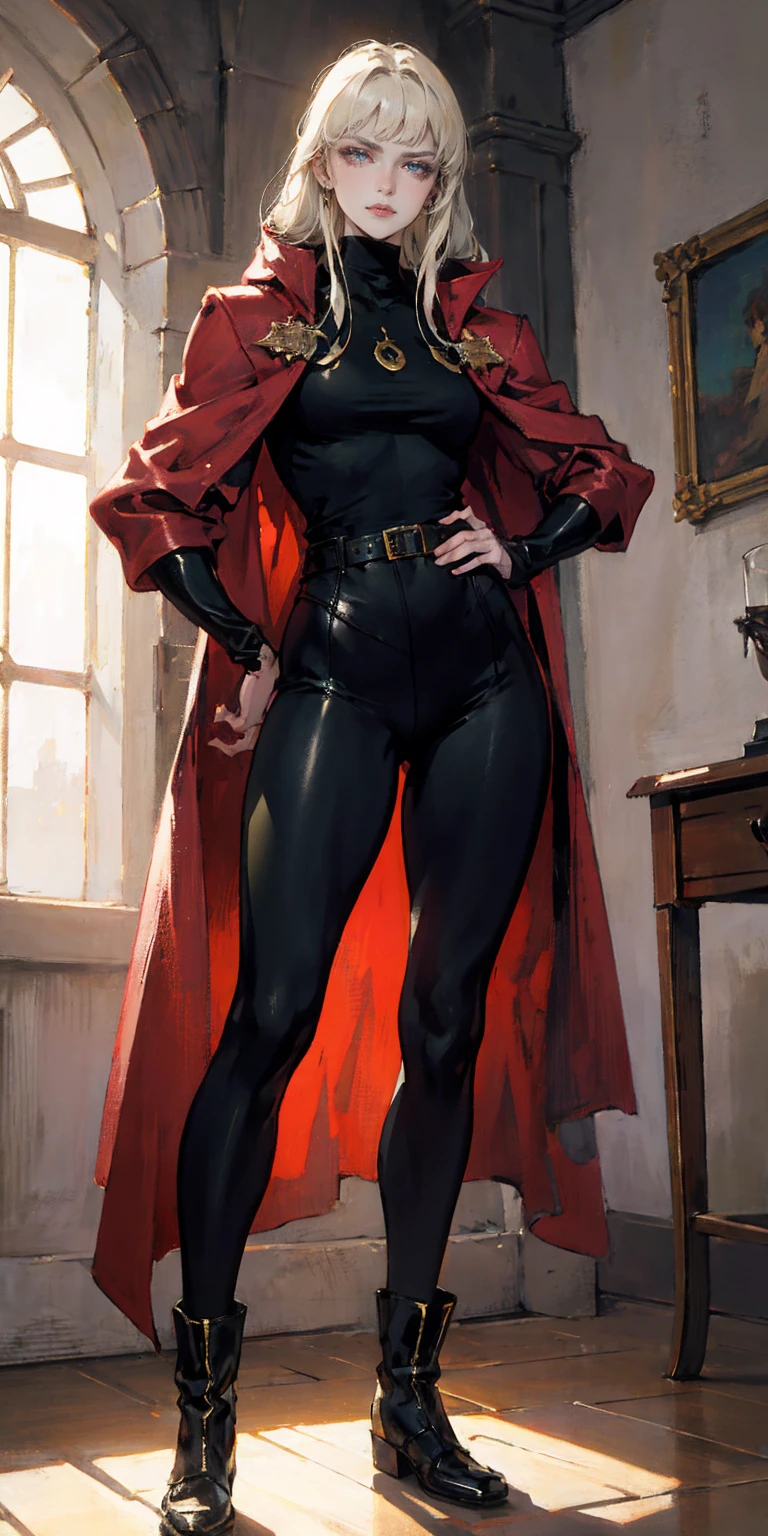 A woman with long platinum blonde hair, choppy bangs, arched crescent eyebrows, sharp and determined eyes, a delicate oval face, a serious expression, a fantasy-style dark green military coat, draped with a dark red cloak, military trousers, leather combat boots, silver greaves leggings, one hand on her hip, standing in a spacious training ground, this character embodies a finely crafted fantasy-style female military officer in anime style, exquisite and mature manga art style, pale skin, high definition, best quality, highres, ultra-detailed, ultra-fine painting, extremely delicate, professional, perfect body proportions, golden ratio, anatomically correct, symmetrical face, extremely detailed eyes and face, high quality eyes, creativity, RAW photo, UHD, 32k, Natural light, cinematic lighting, masterpiece-anatomy-perfect, masterpiece:1.5