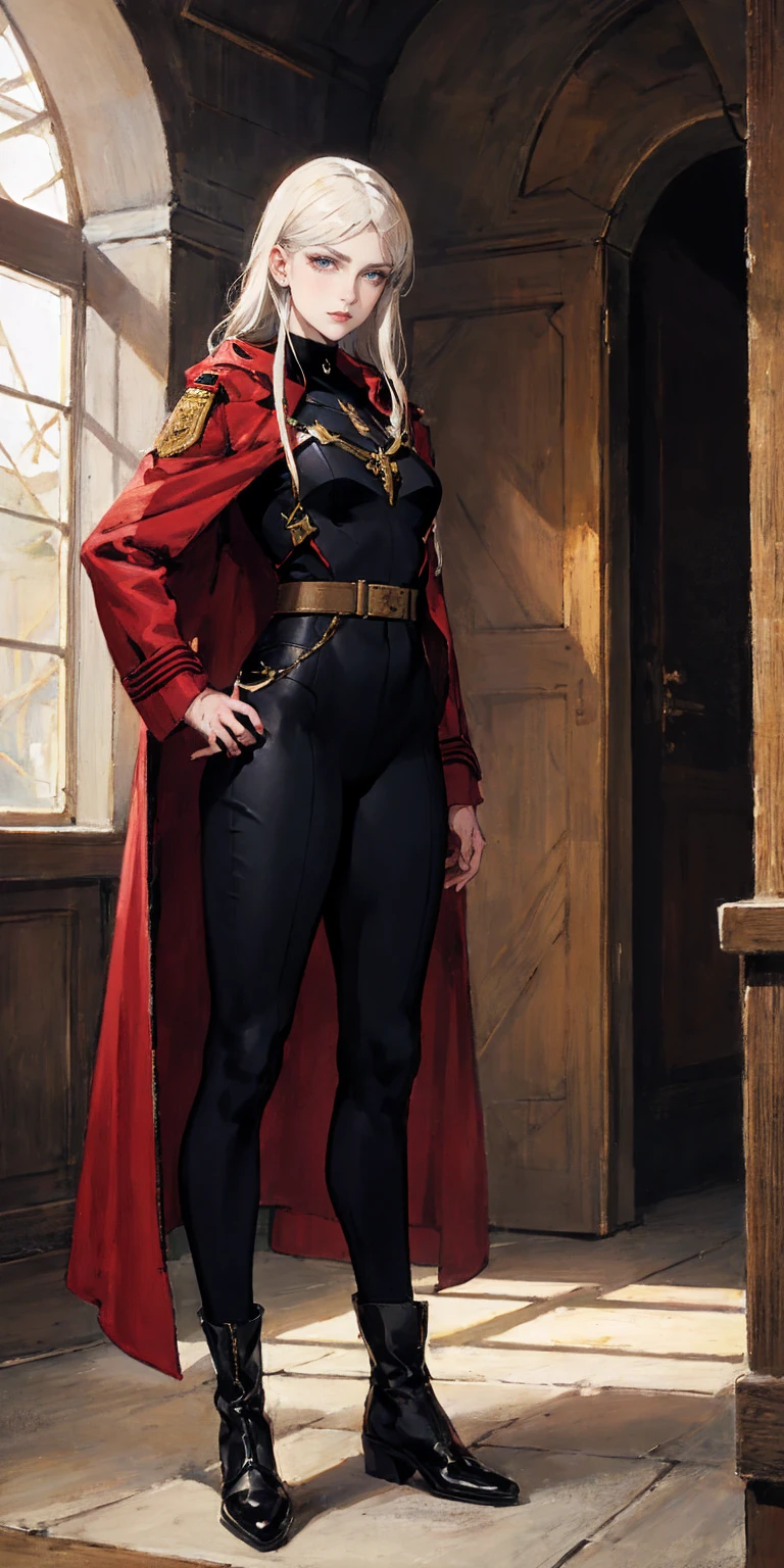 A woman with long platinum blonde hair, choppy bangs, arched crescent eyebrows, sharp and determined eyes, a delicate oval face, a serious expression, a fantasy-style dark green military coat, draped with a dark red cloak, military trousers, leather combat boots, silver greaves leggings, one hand on her hip, standing in a spacious training ground, this character embodies a finely crafted fantasy-style female military officer in anime style, exquisite and mature manga art style, pale skin, high definition, best quality, highres, ultra-detailed, ultra-fine painting, extremely delicate, professional, perfect body proportions, golden ratio, anatomically correct, symmetrical face, extremely detailed eyes and face, high quality eyes, creativity, RAW photo, UHD, 32k, Natural light, cinematic lighting, masterpiece-anatomy-perfect, masterpiece:1.5