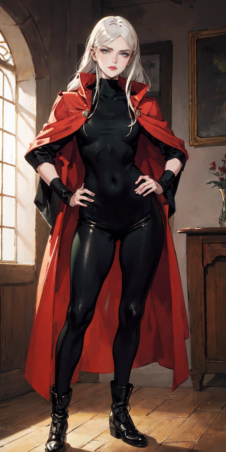 A woman with long platinum blonde hair, choppy bangs, arched crescent eyebrows, sharp and determined eyes, a delicate oval face, a serious expression, a fantasy-style dark green military coat, draped with a dark red cloak, military trousers, leather combat boots, silver greaves leggings, one hand on her hip, standing in a spacious training ground, this character embodies a finely crafted fantasy-style female military officer in anime style, exquisite and mature manga art style, pale skin, high definition, best quality, highres, ultra-detailed, ultra-fine painting, extremely delicate, professional, perfect body proportions, golden ratio, anatomically correct, symmetrical face, extremely detailed eyes and face, high quality eyes, creativity, RAW photo, UHD, 32k, Natural light, cinematic lighting, masterpiece-anatomy-perfect, masterpiece:1.5