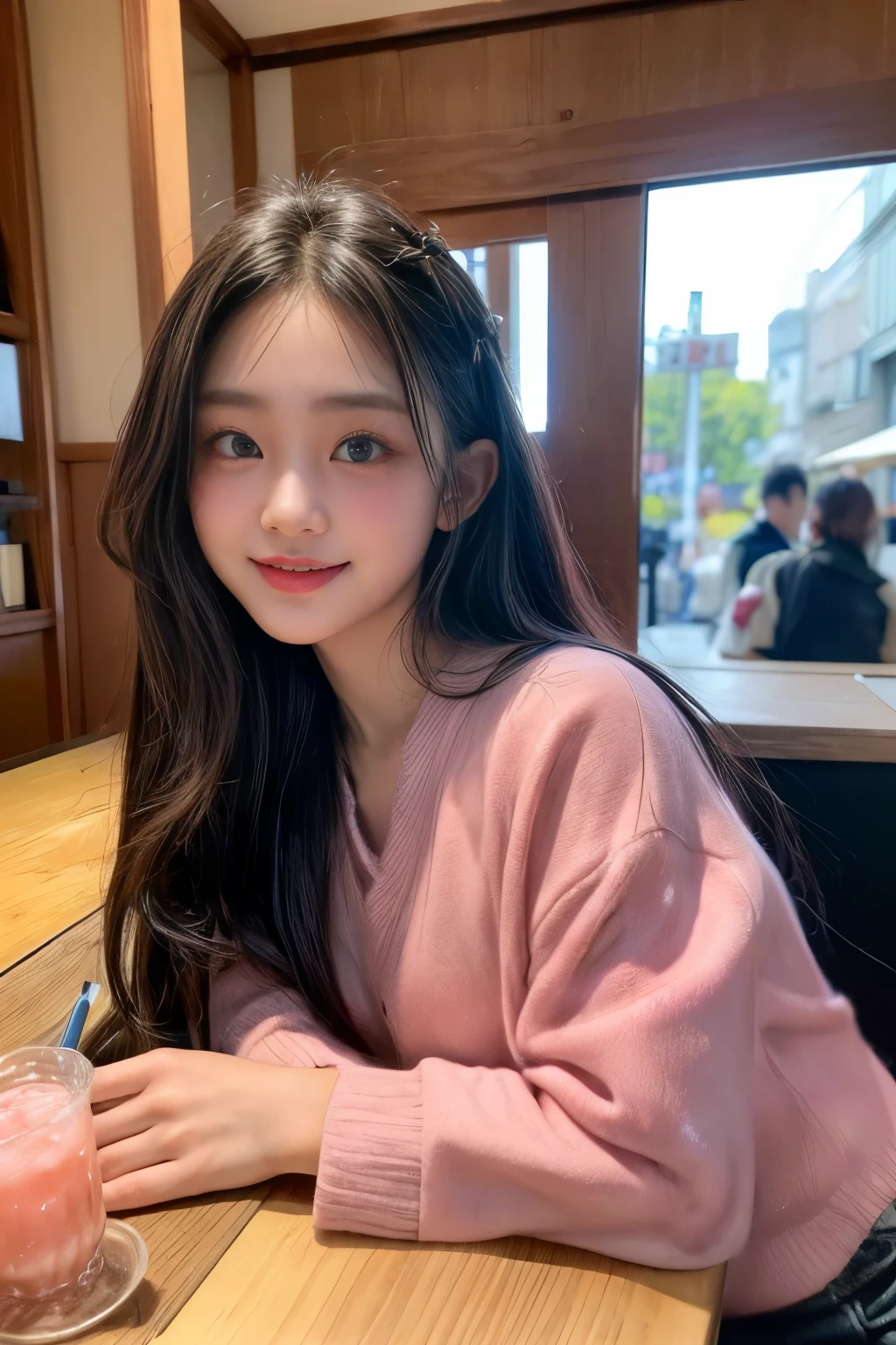 masterpiece、8K、32K、top quality、(eye for detail)、(cute japanese girl、forehead)、23 years old、1 woman、elegant、(Detailed background description、portlate:1.2)、(Blushed、smile:1.5)、take off one's clothes、(Izakaya、Inside a store where many people gather:1.3)、sit on、(food and drinks on the table:1.4)、cowboy shot、(drunk:1.7)