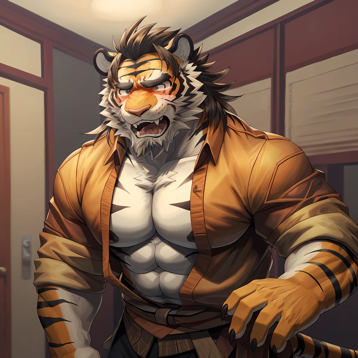 (best quality, 8k, highres, masterpiece:1.2), muscular male, alone, highly detailed background, masterpiece, muscular physique, muscular anatomy, grown-up, viewer, top knot, beard, sideburns, unbuttoned shirt, traditional Chinese clothes, claws, thick eyebrows, orange body, beard, tiger tail, brown hair, headscarf, tiger ears, tiger cub, medium-length hair, upper body，begg, Humble, Pitiful, incredible, Emotional breakdown, Pupil constriction, Pupil tremor, panicking, panicking, forced smile, forced smile, sad smile, sad smile, sobbing, sobbing, horrified, horrified, , depressed, frustrated, envy, despair, full-face blush, confused, expressionless eyes, facing another, teeth, light blush, fang, skin fang, fang out, yandere, laughing, glint, endured face, surprised, heavy breathing, flustered, ear blush, unconscious, expressions, turn pale, shaded, nervous smile, jealous, gloom (expression), tearing up, scowl, scared, crying, anatomically correct, ccurate, retina, masterpiece, UHD, textured skin, super detail, high details, high quality, award winning, best quality, highres, 16k, 1080P, HD