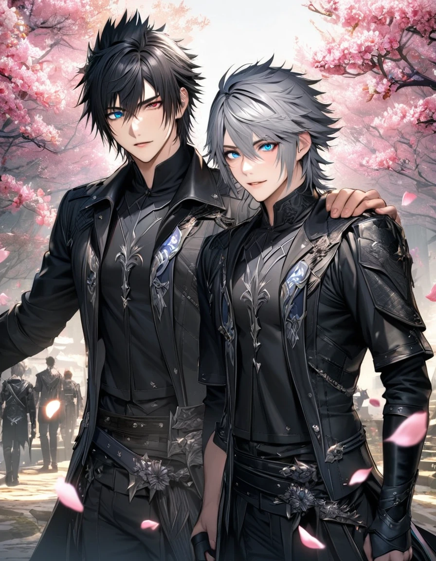 absurdres, highres, ultra detailed, HDR, masterpiece, Riku, spiky grey hair, heterochromia, left eye red, right eye blue, Final Fantasy xv, Noctis Lucis Caelum, black hair, expressive blue eyes, 2men together, gay couple, handsome, black and white fantasy clothes, blossoms, pink petals, pink flowers