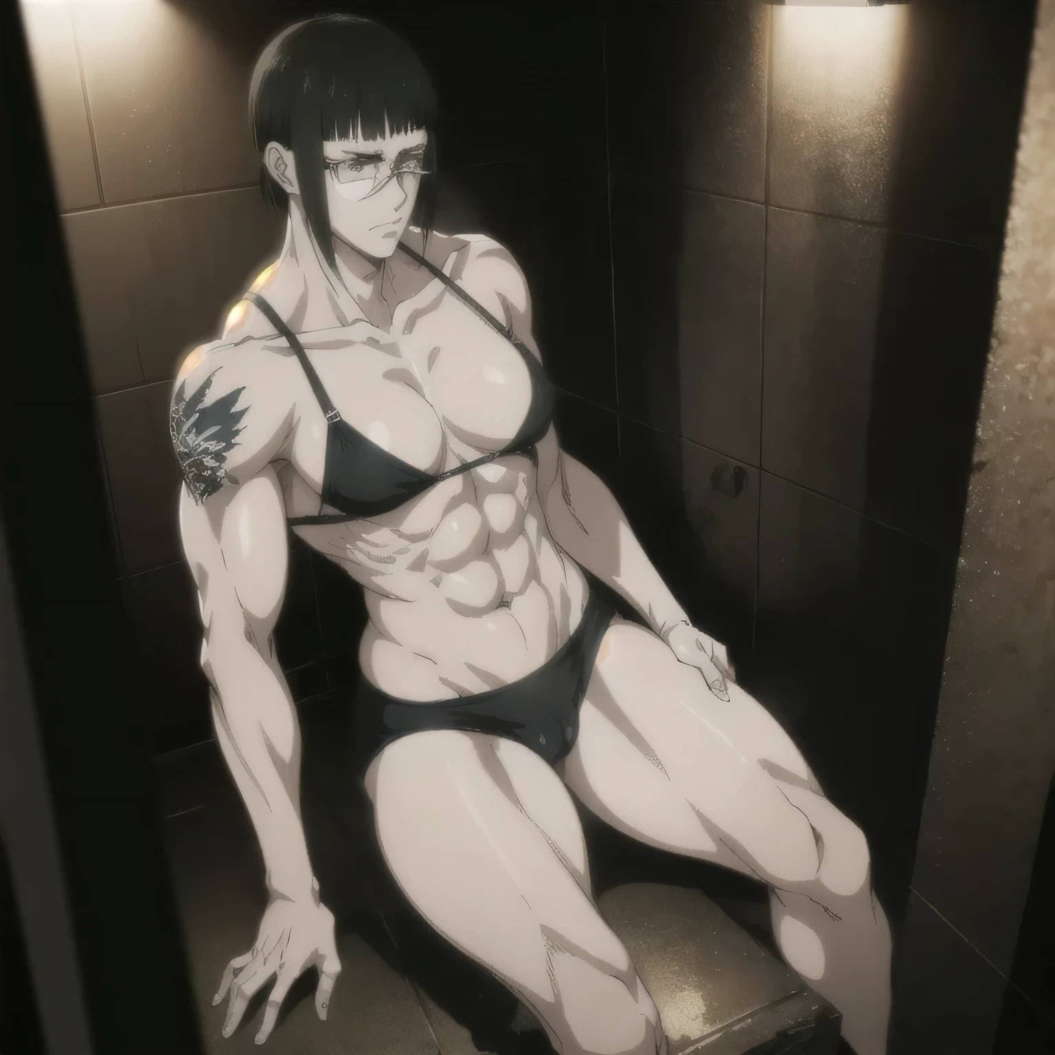 (best quality,ultra-detailed,realistic:1.37),musclaur badass girl with sculpted body have shower in bath tub, full review of the female character's face and body, intense expression, strong and confident posture, studio lighting, vivid colors, physiologically-based rendering, grungy texture, rugged background, dust particles in the air, commanding presence, professional, powerful, gritty aesthetics,,Valmet،short hair,tattoos, back muscles,
