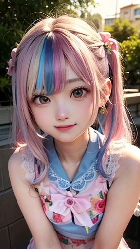 Small face、 (alone:1.5,)Very detailed,Bright colors, Very beautiful detailed anime faces and eyes, Look straight ahead,  Shiny_skin,girl, (((Rainbow Hair, Colorful Hair, Half light blue、Half pink hair: 1.2))), 、Shiny hair, Delicate beautiful face, blush、Glasses、(Turquoise Eyes), , Valletta, Earrings,、Flower Garden、Sunset、(((Floral、Sailor suit、Stylish lace mini skirt,Translucent swimsuit)))、（Twin tails）、smile、Happy Face、face dyed red、Cheerful pose、dynamic、Head to toe full body portrait、（The whole body is visible）、（left hand、ring finger、ring）、Glassesに手を添える