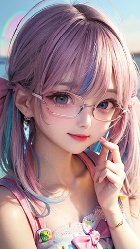 Small face、 (alone:1.5,)Very detailed,Bright colors, Very beautiful detailed anime faces and eyes, Look straight ahead, Shiny_skin,girl, (((Rainbow Hair, Colorful Hair, Half light blue、Half pink hair: 1.2))), 、Shiny hair, Delicate beautiful face, blush、Glasses、(Turquoise Eyes), , Valletta, Earrings,、Flower Garden、Sunset、(((Floral、Sailor suit、Stylish lace mini skirt,Translucent swimsuit)))、(Twin tails)、smile、Happy Face、face dyed red、Cheerful pose、dynamic、Head to toe full body portrait、(The whole body is visible)、(left hand、ring finger、ring)、Glassesに手を添える