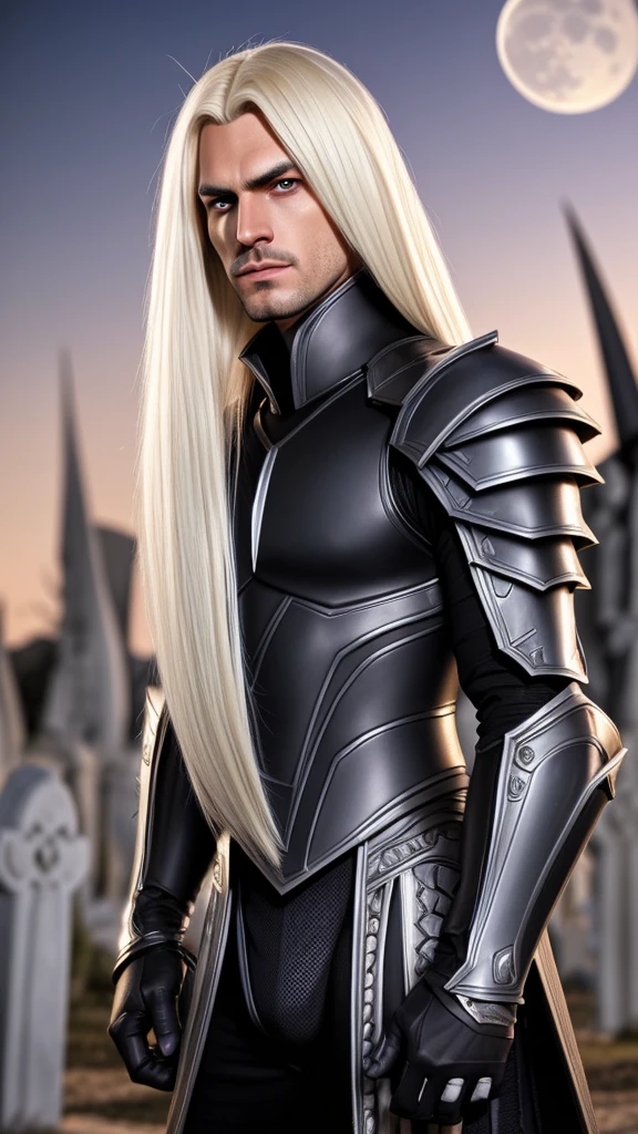 Everquest dark elf male, ,white eyebrows, eyelashes, angry mouth expression,smooth skin, dark skin color, long luscious platinum blonde hair, long detailed goatee, detailed evil black paladin armor, fantasy two handed blade, in a graveyard with tumbstone at night natural moon light