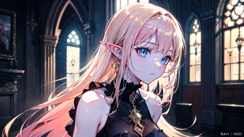 RAW, professional photograph, medium shot, photorealistic, hyper-realistic, ray tracing, super detail, UHD, 8k, female elf, twenty years old, goddess, gold jewelry, athletic body, soft facial features, long hair, straight hair, light pink hair, blue eyes, gothic style, dark Castle, gothic architecture