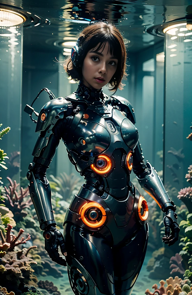 (highres, masterpiece:1.2), ultra-detailed, realistic, underwater, cyborg diver, exploring, extraordinary, vibrant colors, aquatic species, coral reefs, bioluminescent plants, futuristic technology, ocean depths, mysterious, shimmering light, mechanical enhancements