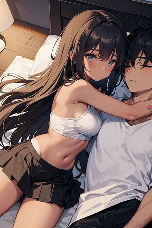 anime style depiction of a dark tan skinned girl clad in a bikini top and skirt, snuggled closely with a white handsome boy wearing a t-shirt, boy comforting girl's tummy, while sleeping in bed