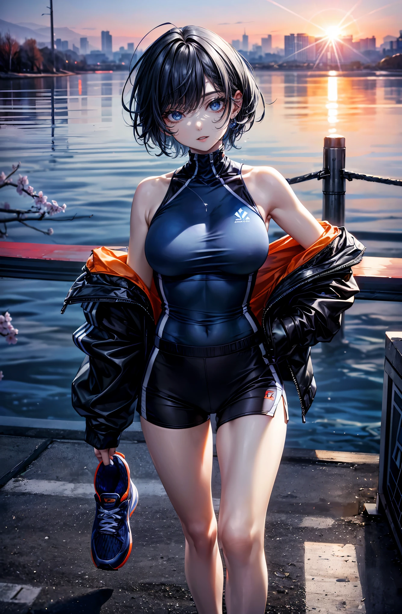 Hyper Quality、8K quality、High resolution、Image quality captured with a single-lens reflex camera、(software)、Perfect Anatomy、(Black Grey Short Hair、Shoulder-length hair:1.2)22 year old beauty.Mature face、blue eyes(Sharp look:1.4)(Good shape and normal breasts)
BREAK

(Wear a blue sporty outfit with lines、running shoes:1.3)

Look to the side（Perfect Anatomy:1.4）break(watch the sunrise、cherry blossoms、Looking away:1.2)(The orange morning sun is dazzling🌇:1.3)(cherry blossoms並木がある公園、Next to the lake:1.1)