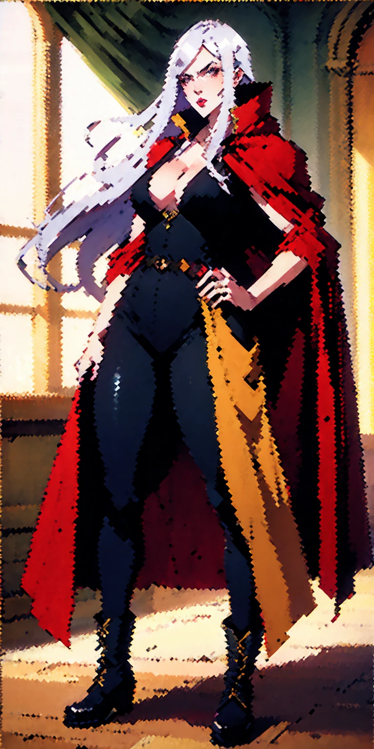 A woman with long platinum blonde hair, choppy bangs, arched crescent eyebrows, sharp and determined eyes, a delicate oval face, a serious expression, a fantasy-style dark green military coat, draped with a dark red cloak, military trousers, leather combat boots, silver greaves leggings, one hand on her hip, standing in a spacious training ground, this character embodies a finely crafted fantasy-style female military officer in anime style, exquisite and mature manga art style, pale skin, high definition, best quality, highres, ultra-detailed, ultra-fine painting, extremely delicate, professional, perfect body proportions, golden ratio, anatomically correct, symmetrical face, extremely detailed eyes and face, high quality eyes, creativity, RAW photo, UHD, 32k, Natural light, cinematic lighting, masterpiece-anatomy-perfect, masterpiece:1.5