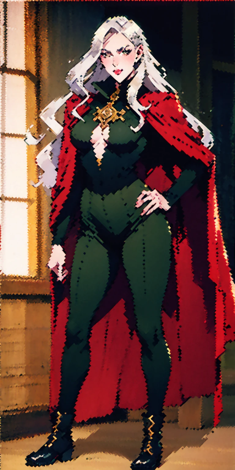 A woman with long platinum blonde hair, choppy bangs, arched crescent eyebrows, sharp and determined eyes, a delicate oval face, a serious expression, a fantasy-style dark green military coat, draped with a dark red cloak, military trousers, leather combat boots, silver greaves leggings, one hand on her hip, standing in a spacious training ground, this character embodies a finely crafted fantasy-style female military officer in anime style, exquisite and mature manga art style, pale skin, high definition, best quality, highres, ultra-detailed, ultra-fine painting, extremely delicate, professional, perfect body proportions, golden ratio, anatomically correct, symmetrical face, extremely detailed eyes and face, high quality eyes, creativity, RAW photo, UHD, 32k, Natural light, cinematic lighting, masterpiece-anatomy-perfect, masterpiece:1.5