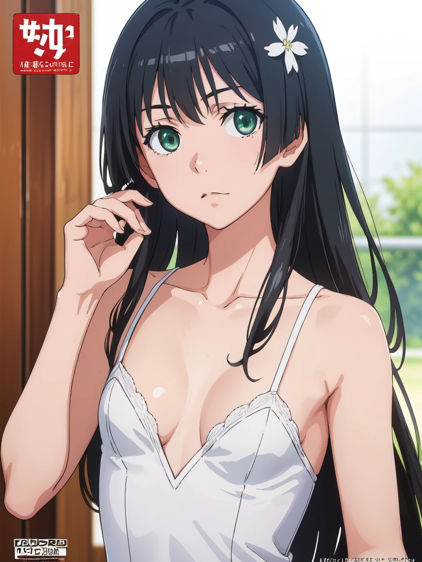 dvd cover, (High resolution:1.4), (masutepiece:1.2), (High quality:1.3) 1girl, saten ruiko, green eyes, long hair, black hair, small breast, 