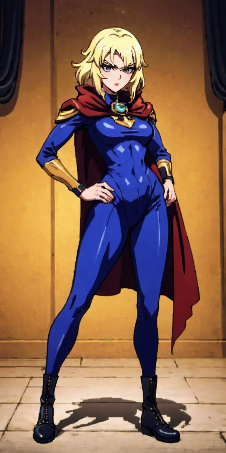 A woman with long platinum blonde hair, choppy bangs, arched crescent eyebrows, sharp and determined eyes, a delicate oval face, a serious expression, a fantasy-style dark green military coat, draped with a dark red cloak, military trousers, leather combat boots, silver greaves leggings, one hand on her hip, standing in a spacious training ground, this character embodies a finely crafted fantasy-style female military officer in anime style, exquisite and mature manga art style, pale skin, high definition, best quality, highres, ultra-detailed, ultra-fine painting, extremely delicate, professional, perfect body proportions, golden ratio, anatomically correct, symmetrical face, extremely detailed eyes and face, high quality eyes, creativity, RAW photo, UHD, 32k, Natural light, cinematic lighting, masterpiece-anatomy-perfect, masterpiece:1.5