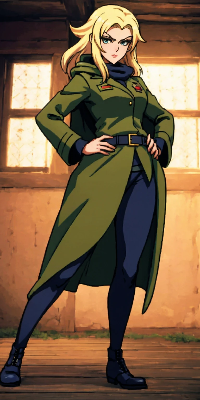 A woman with long platinum blonde hair, choppy bangs, arched crescent eyebrows, sharp and determined eyes, a delicate oval face, a serious expression, a fantasy-style dark green military coat, draped with a dark red cloak, military trousers, leather combat boots, silver greaves leggings, one hand on her hip, standing in a spacious training ground, this character embodies a finely crafted fantasy-style female military officer in anime style, exquisite and mature manga art style, pale skin, high definition, best quality, highres, ultra-detailed, ultra-fine painting, extremely delicate, professional, perfect body proportions, golden ratio, anatomically correct, symmetrical face, extremely detailed eyes and face, high quality eyes, creativity, RAW photo, UHD, 32k, Natural light, cinematic lighting, masterpiece-anatomy-perfect, masterpiece:1.5