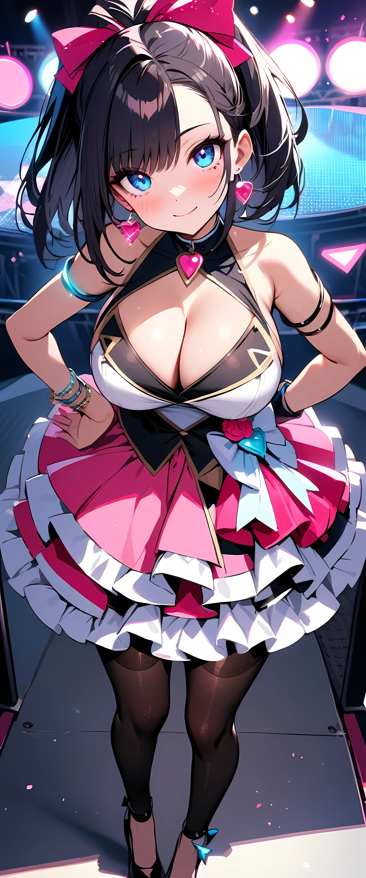 (masterpiece), best quality, expressive eyes, perfect face,1girl,marnie_\(pokemon\),(black and pink idol dress:1.4),frilled layered skirt,(big breasts),pink pearl earrings,black thighhigh heels,stage,cofetti,black hair,asymmetrical bangs ,cleavage,looking at viewer,light smile,bracelets, bangles, eyeshadows, eye liner,glistening eyes, hyper detailed eyes, intricate eyes, beautiful eye, blue eyes,standing,head tilt,full-body shot