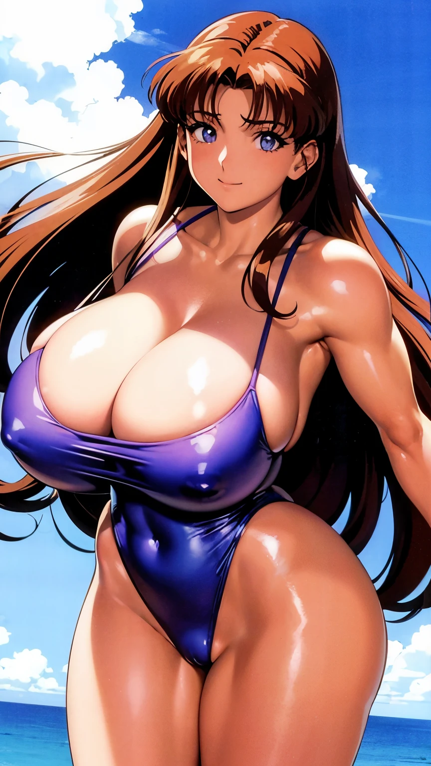 1990s anime cels style, 1990s manga style, best quality, high resolution, 1girl, blue competition swimsuit, (gigantic breasts:1.4), Beautiful face, happy, smile, closed mouth, mamako_oosuki, mature female, long hair, brown hair, purple eyes, bright pupils, curvy body, standing_split,