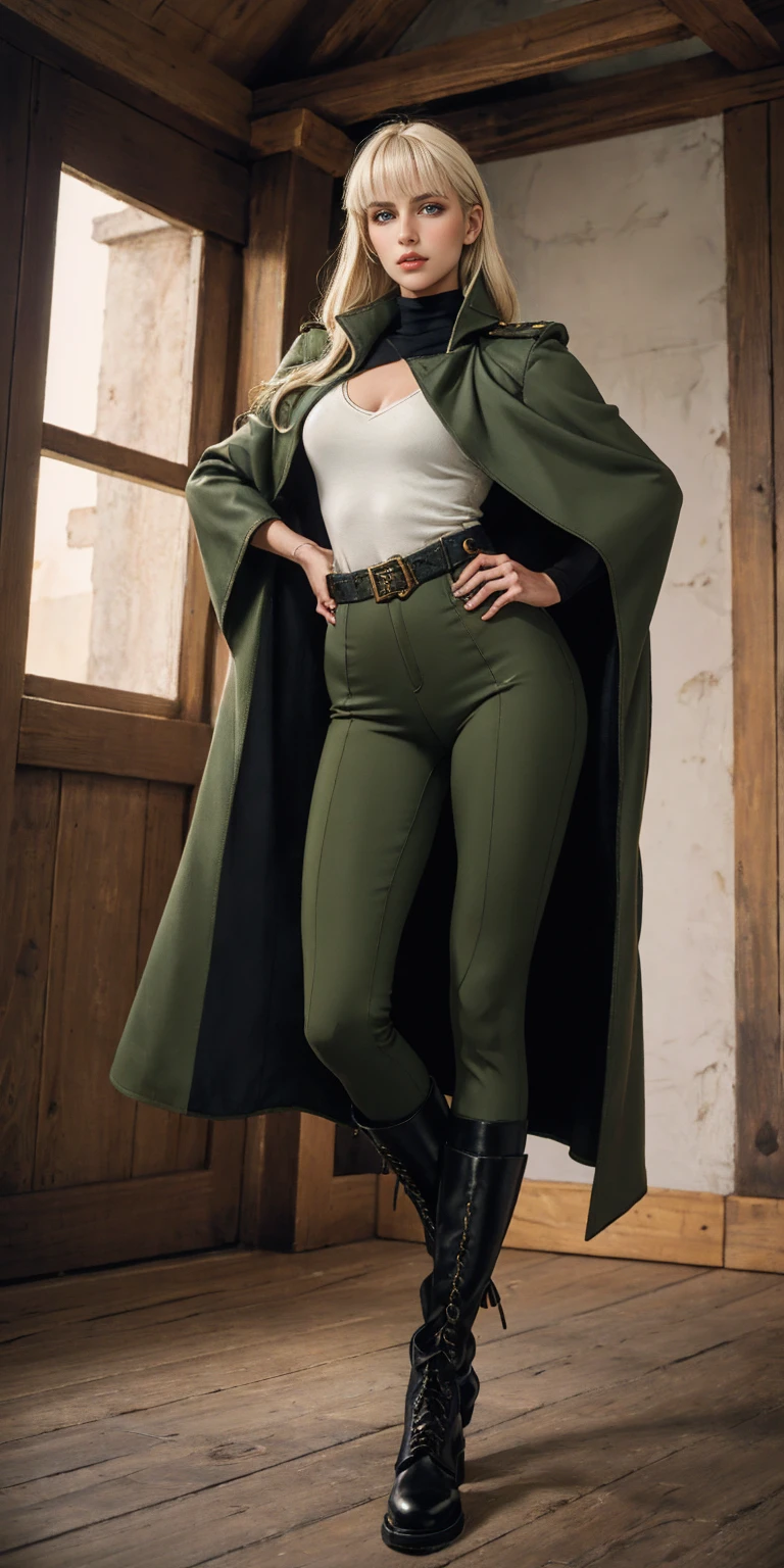 A woman with long platinum blonde hair, choppy bangs, arched crescent eyebrows, sharp and determined eyes, a delicate oval face, a serious expression, a fantasy-style dark green military coat, draped with a dark red cloak, military trousers, leather combat boots, silver greaves leggings, one hand on her hip, standing in a spacious training ground, this character embodies a finely crafted fantasy-style female military officer in anime style, exquisite and mature manga art style, pale skin, high definition, best quality, highres, ultra-detailed, ultra-fine painting, extremely delicate, professional, perfect body proportions, golden ratio, anatomically correct, symmetrical face, extremely detailed eyes and face, high quality eyes, creativity, RAW photo, UHD, 32k, Natural light, cinematic lighting, masterpiece-anatomy-perfect, masterpiece:1.5