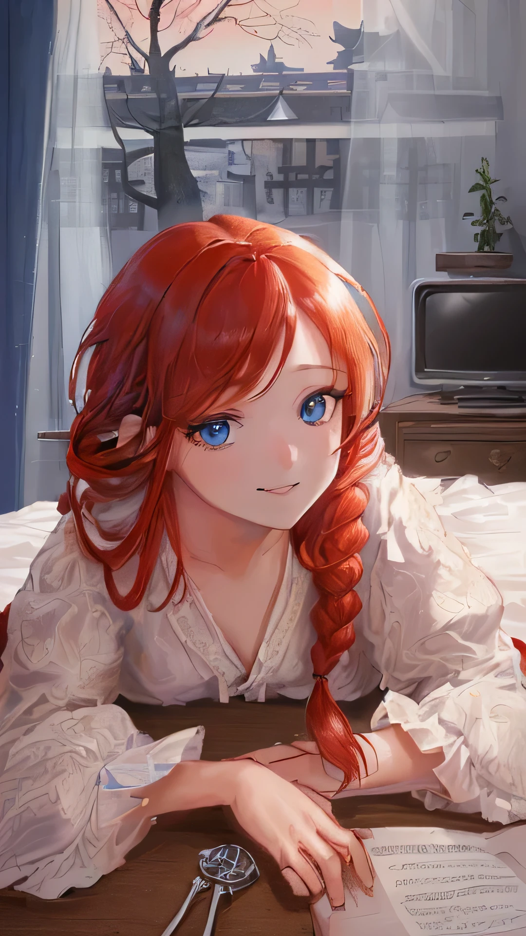 Absurd resolution, high resolution, (masterpiece: 1.4), super detailed, (((detailed face, detailed expression)), 1girl, relaxing, braided hair, 1braid, swept bangs, red hair, blue eyes, 1K, small room, curtains, bed, TV, desk, room wear, kyoto animation, The atmosphere of Kyoto Animation, smiles