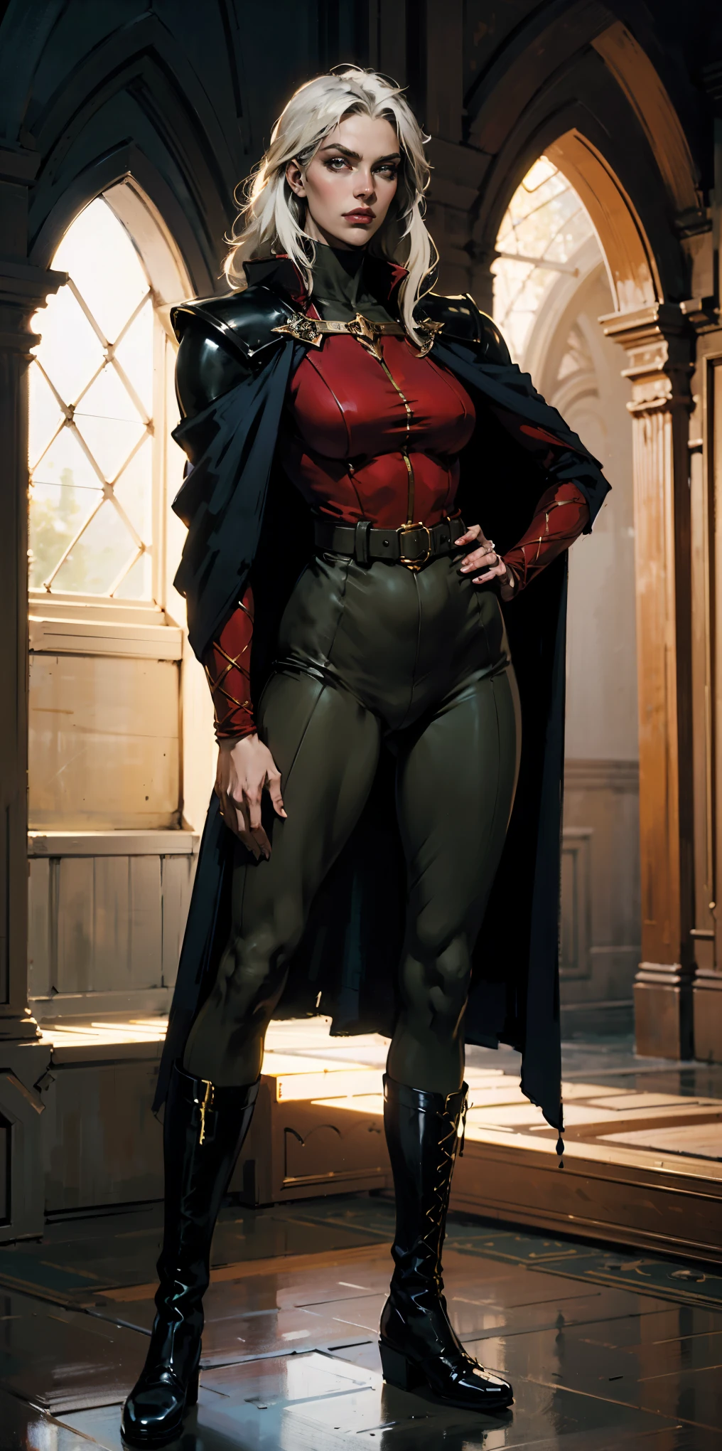 A woman with long platinum blonde hair, choppy bangs, arched crescent eyebrows, sharp and determined eyes, a delicate oval face, a serious expression, a fantasy-style dark green military coat, draped with a dark red cloak, military trousers, leather combat boots, silver greaves leggings, one hand on her hip, standing in a spacious training ground, this character embodies a finely crafted fantasy-style female military officer in anime style, exquisite and mature manga art style, pale skin, high definition, best quality, highres, ultra-detailed, ultra-fine painting, extremely delicate, professional, perfect body proportions, golden ratio, anatomically correct, symmetrical face, extremely detailed eyes and face, high quality eyes, creativity, RAW photo, UHD, 32k, Natural light, cinematic lighting, masterpiece-anatomy-perfect, masterpiece:1.5