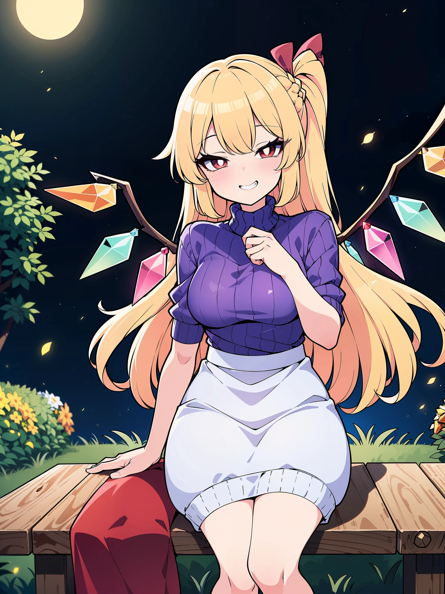 (cowboy shot), (colorful:1.1), (ultra-high resolution, depth of field:1.2), (Flandre scarlet:1.1), (1woman), (adult), in her 20s, Touhou project, (medium breasts), (red eyes:1.1), white pupils, glowing eyes, blonde hair, wavy hair, (long hair:1.2), (french braid), Arranged from the tip of her wings her 8 crystals which are presented in seven colors: light blue, blue, purple, pink, orange, yellow, light green and finally light blue again, (white wool sweater:1.2), (long skirt), (classic mansion scenery), garden, night time, (grinning), squinting eyes, sitting on a garden bench