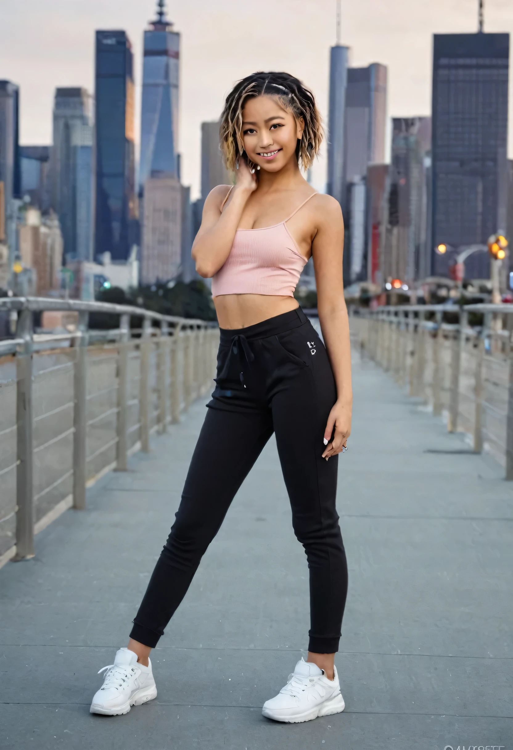 masterpiece、Mastepiece、girl、Random hairstyle、clear eyes、look at the viewer with a smile、Perfect proportions、full body shot、random clothes、Sexy pose、The background is a cityscape