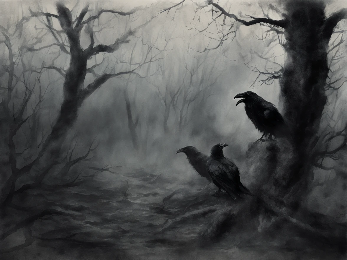 a goup of 3 ravens, gather around a (shinny red human heart painted in red ink) the red heart lies in the ground in the middle of the scene, blurred in the rain, Black and white atmosphere of a forest in rainy weather, (Ink wash style:2), the depiction of heavy rain, mist and countless ravens standing on the branches of the trees higlight the details of the landscape