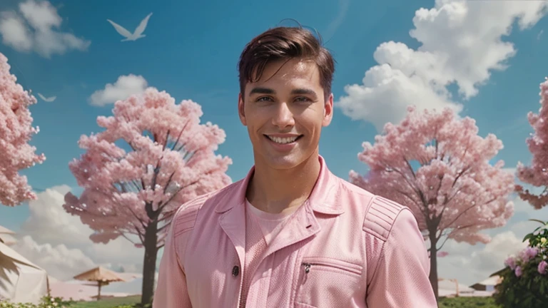 Handsome man with short hair in a beautiful fantastic futuristic setting surrounded by lots of love in a dreamlike environment with pink clouds looking like the sky smiling with perfect beautiful smile
