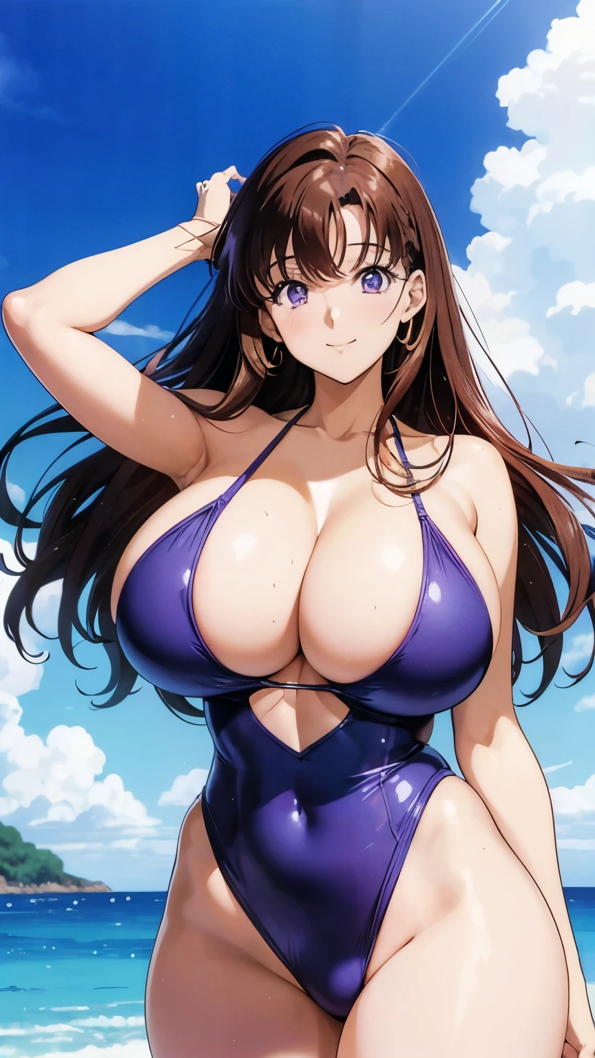 1990s anime cels style, 1990s manga style, best quality, high resolution, 1girl, blue competition swimsuit, (gigantic breasts:1.4), Beautiful face, happy, smile, closed mouth, mamako_oosuki, mature female, long hair, brown hair, purple eyes, bright pupils, curvy body, standing_split,