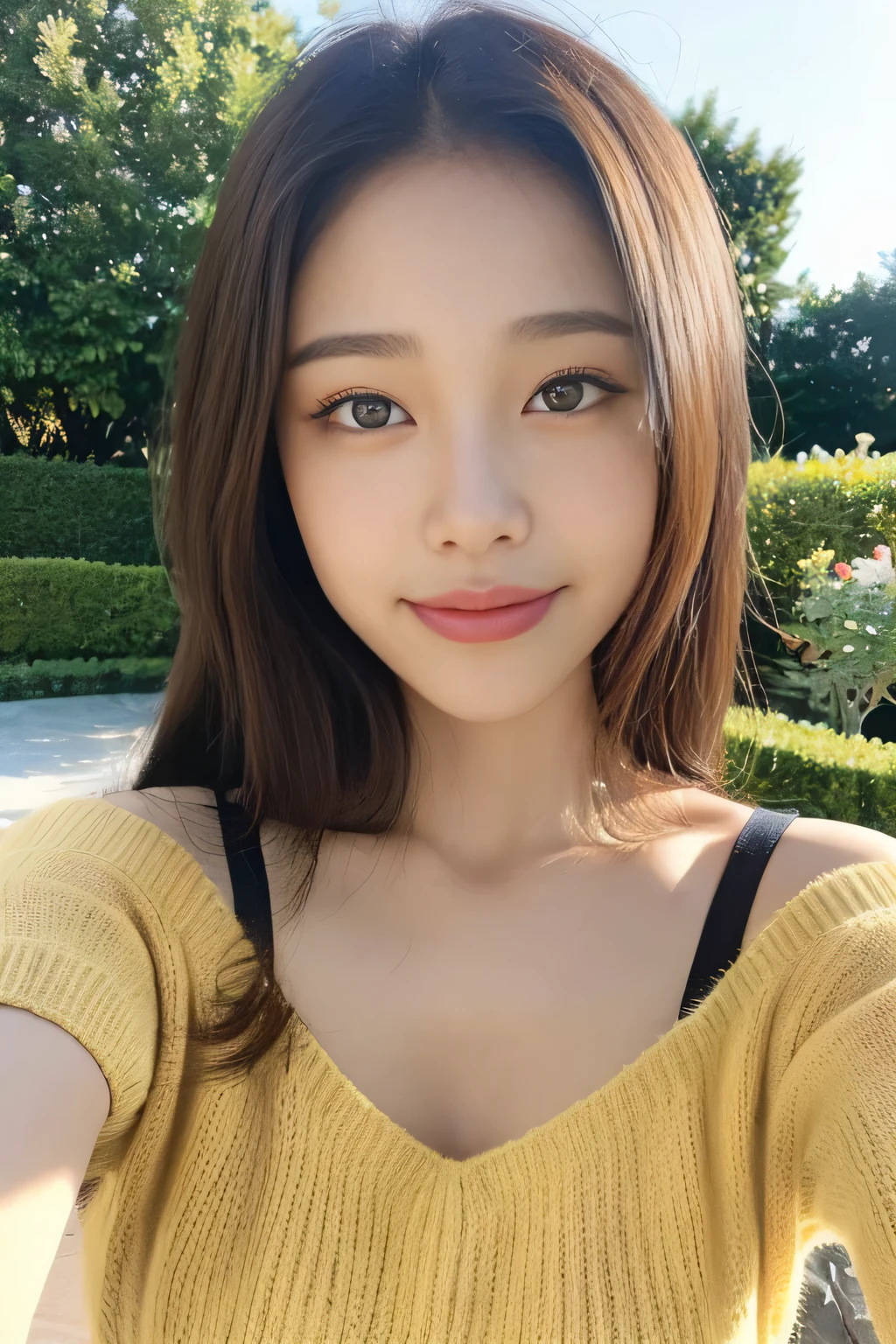 ((highest quality, 8K, masterpiece:1.3)), concentrated:1.2, Perfect body beauty:1.4, Hips:1.2, ((Delicate Hair)), (Brightly colored V-neck drop-shoulder sweater dress、 :1.1) , ((highest quality、8K、masterpiece:1.3))、1 Girl、A sloppy smile、Esbian all over、Slim face、Big 、Beautiful woman、(Dark Brown Hair)、Flickering Valley、Detailed eyes、double eyelid、Blurred Background、超Slim face、Looking down、garden、