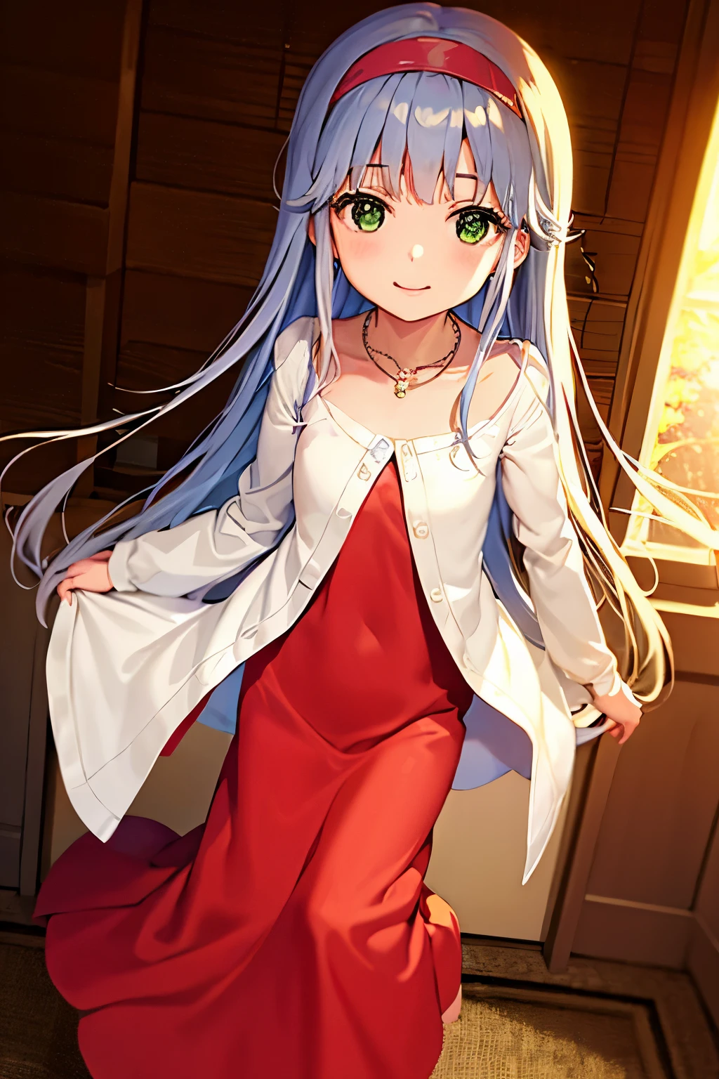 Cabello largo plateado, ojos verdes, headband, necklace, flat breast, autumn clothes, sonrisa, happy, muslos hermosos, inside house