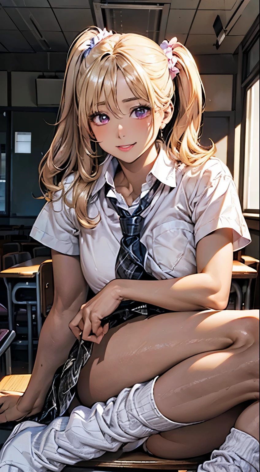 (masterpiece:1.3, highest quality),  (Realistic, photoRealistic:1.4), Beautiful illustrations, Perfect lighting, colorful, Written boundary depth, 
Looking at the audience, whole body, Front view:0.6, 1 girl, alone, Japanese, high school girl, Improve, (Big Breasts:0.8, Big Ass, Captivating thighs, Skin dents),
(Long Hair:1.5, Side Ponytail),  Asymmetrical bangs, Purple eyes, Lips parted, (very tanned and shiny skin), 
Beautiful Hair, Beautiful Face, Highly detailed face, Beautiful and beautiful eyes, Beautiful clavicle, Beautiful body, Beautiful breasts, Beautiful thighs, Beautiful feet, Beautiful fingers, ((Collared short-sleeved shirt, White shirt, , pink plaid pleated skirt, Black tie)), White panties, Polka dot hair scrunchie, 
( Sexy pose), (Captivating smile), evening,sit in classroom,Gal,(Brown Skin:1.5),(blonde:1.5),(View from below),