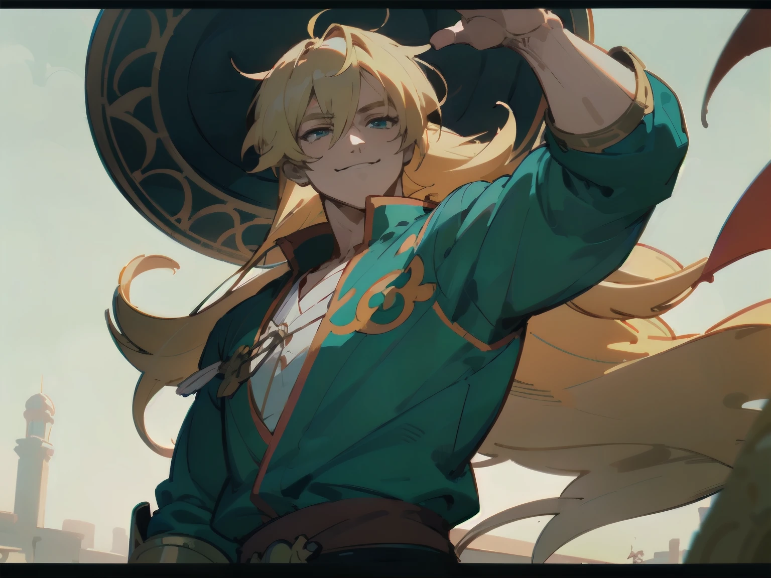 ((cel-shading anime style)), 1male, mature, buff, athletic, long dark-blonde hair, buff, bard, winking, looking confident, light-green clothing, smiling, in daylight, bard fashion, dnd, fantasy, soft, buff, ((BEST QUALITY))