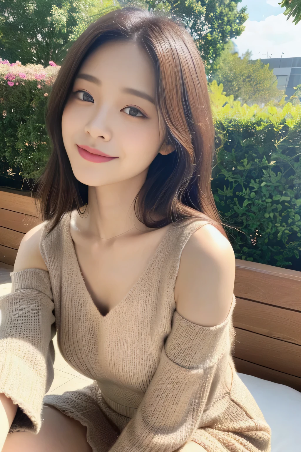 ((highest quality, 8K, masterpiece:1.3)), concentrated:1.2, Perfect body beauty:1.4, Hips:1.2, ((Delicate Hair)), (Brightly colored V-neck drop-shoulder sweater dress、 :1.1) , ((highest quality、8K、masterpiece:1.3))、1 Girl、A sloppy smile、Esbian all over、Slim face、Big 、Beautiful woman、(Dark Brown Hair)、Flickering Valley、Detailed eyes、double eyelid、Blurred Background、超Slim face、Looking down、garden、