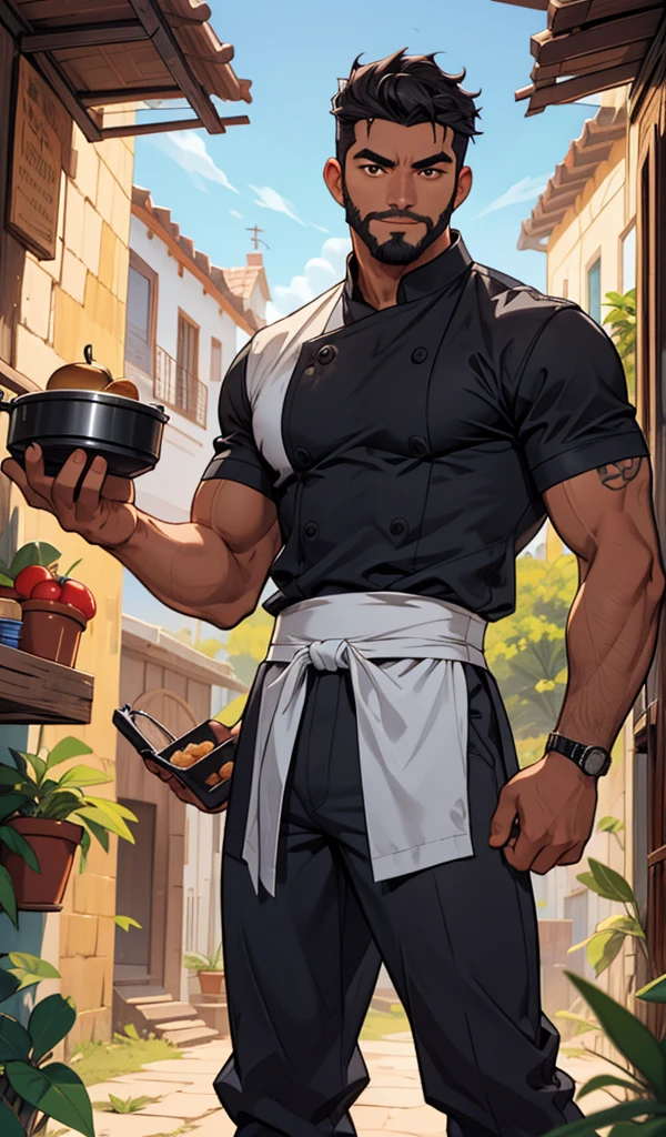 Hombre maduro daddy, musculoso, fornido, alto, atractivo, masculino, cabello negro, pocas canas,cabello corto. Ojos azules, cicatriz mejilla, barba afeitada, chef, arremangado, brazos fuertes, cicatriz en brazos, tatuaje brazo, cigarrillo, black pants, piernas abiertas, pose relajada, sonrisa, looking at the camera, pose sensual, camera up, High Definition, colorido, alta calida. Fondo frio, cocina. Pose de pelea, gesto serio. Cuchillos levitando