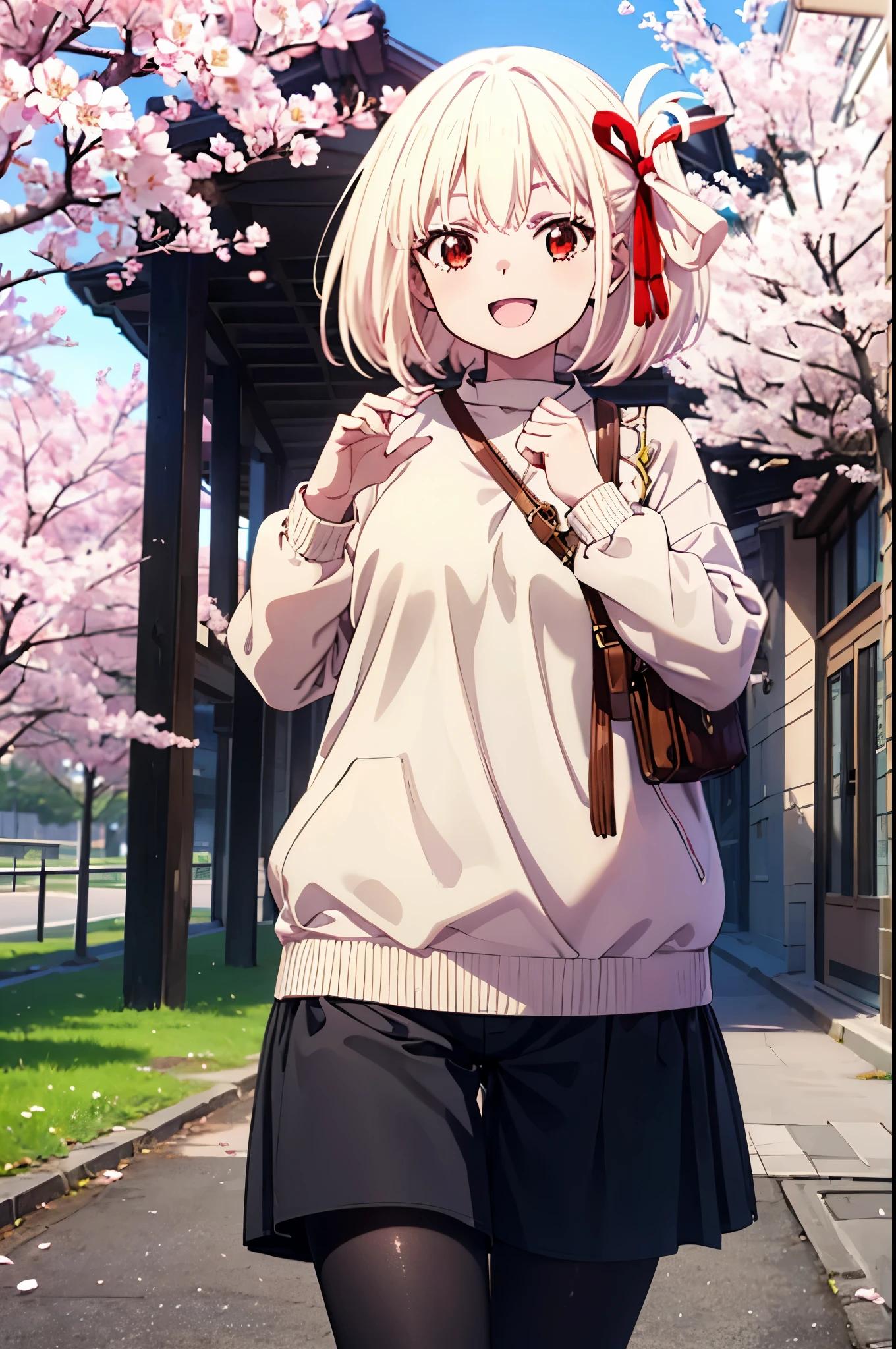 chisatonishikigi, Chisato Nishikigi, Long Hair, bangs, Blonde, (Red eyes:1.5), hair ribbon, One side up,happy smile, smile, Open your mouth,Red oversized sweater,Shorts,Black pantyhose,Mini Boots,Cherry blossoms are blooming,Cherry blossoms are scattered,Cherry blossom tree-lined path,
break outdoors, University School building,
break looking at viewer, (Cowboy Shot:1.5),
break (masterpiece:1.2), highest quality, High resolution, unity 8k wallpaper, (figure:0.8), (Beautiful fine details:1.6), Highly detailed face, Perfect lighting, Highly detailed CG, (Perfect hands, Perfect Anatomy),